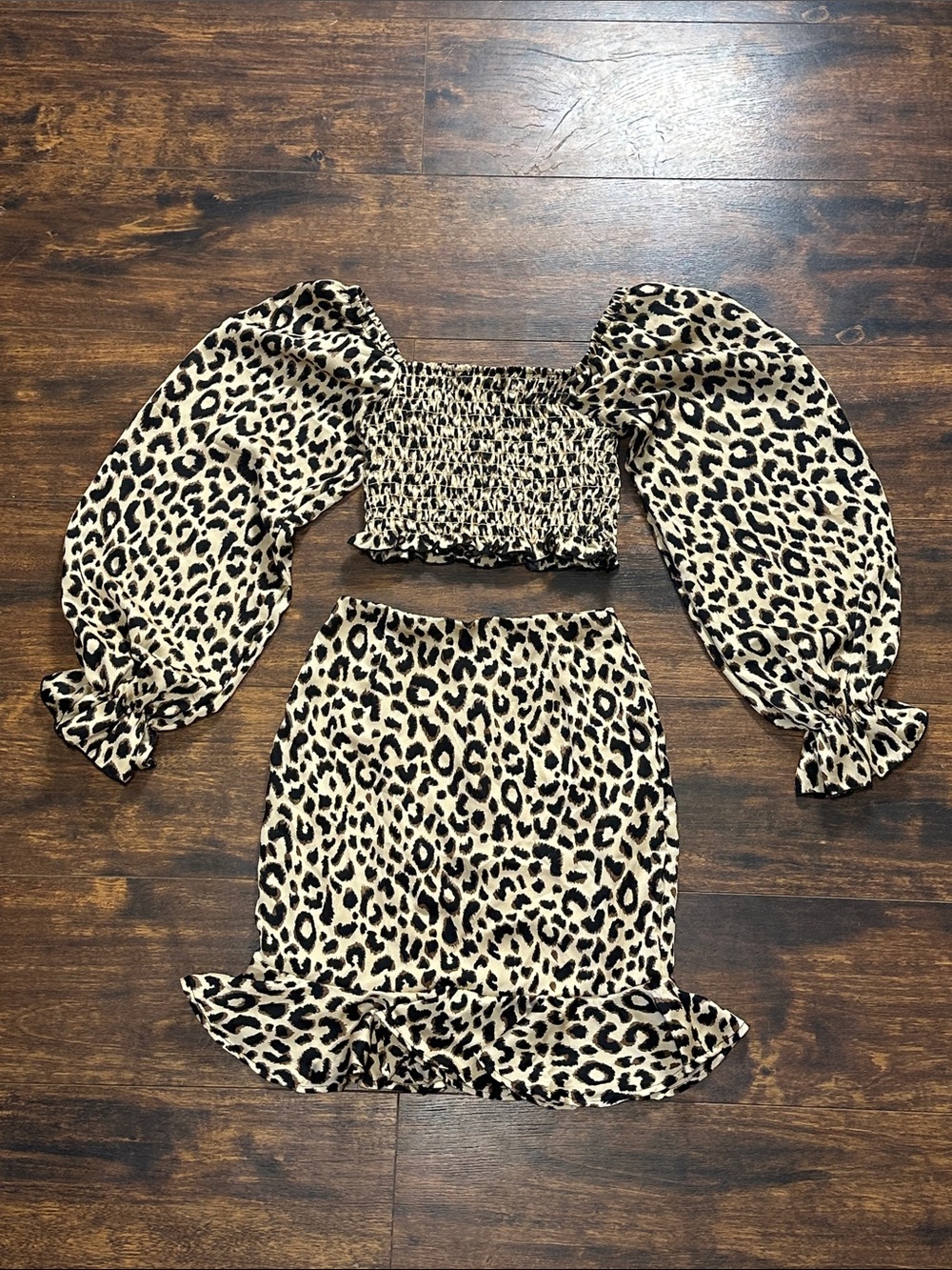 Leopard Print Puff Sleeve Skirt Set - Beige/Black